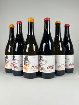 six bouteilles de vin sont alignées sur une surface blanche