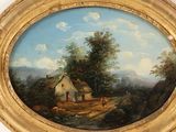 painting of a rural landscape with a cottage and cattle in the foreground