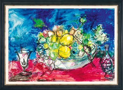 tableau représentant une corbeille de fruits posée sur une table, à côté d'un verre à vin