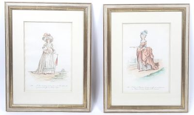 pair of antique watercolor paintings of women in period dress