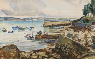 a painting of boats in the water on the shore