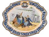 a plate with a picture of people sitting on the ground