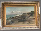an oil painting of a rocky beach with a lighthouse in the distance