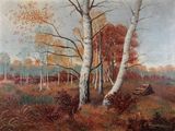 painting of a wooded scene with a bench and trees in the foreground