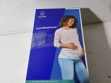 the box of a pregnant woman ' s belly in a white and blue striped shirt