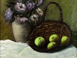 a painting of a basket of apples and flowers on a table