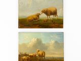deux tableaux représentant des moutons dans un champ, avec des nuages en arrière-plan