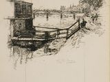 dessin représentant un bateau sur un plan d'eau, avec un pont en arrière-plan