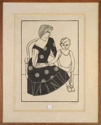 an image of a drawing of a woman sitting on a chair next to a child