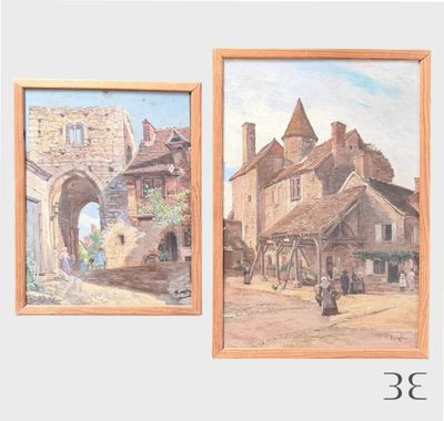deux tableaux représentant de vieux bâtiments et une rue avec des passants