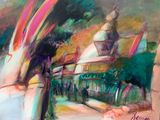 painting of a painting of a building with a rainbow in the sky