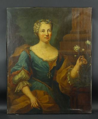 une peinture représentant une femme tenant une fleur à la main