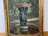 une peinture représentant une statue tenant un parapluie sur un plancher en bois
