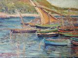 tableau représentant des bateaux dans un port, avec une montagne en arrière-plan
