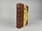 livre en cuir marron avec une couverture en peau de serpent jaune sur fond blanc