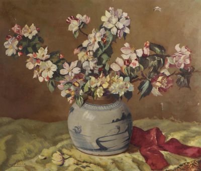 a painting of a vase with flowers in it on a table