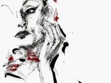 a black and white drawing of a woman with red lipstick