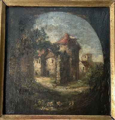 une peinture à l'huile représentant un château dans un cadre boisé