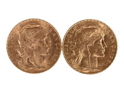 Deux pièces de vingt francs or au coq, 1910 et 1914. Usures. - Photo 1