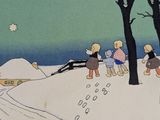 painting of a group of people walking down a snow covered road