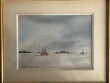 painting of a boat in a body of water under a cloudy sky