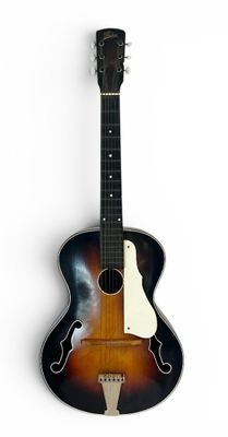 une image représentant une guitare posée sur une surface blanche