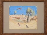a picture of a painting of birds flying over a desert