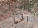 an oil painting of a desert scene with grass and bushes