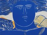 une affiche bleue sur laquelle figure l'image d'une femme aux cheveux longs