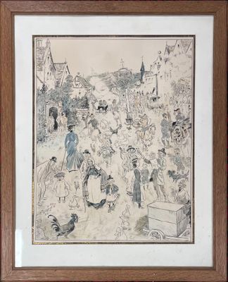 "Scène de village animée" impression sous verre encadrée (59…