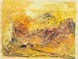an image of a painting of a desert scene in yellow and red