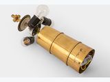 an antique brass telescope with a glass lens on a white background