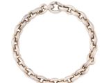 a close up of a silver chain bracelet on a white background