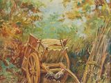 an oil painting of chickens and a wooden cart in a wooded area