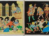 Deux tableaux représentant des personnages en costumes médiévaux sont accrochés au mur.