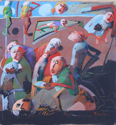 a painting of a group of people sitting on a couch