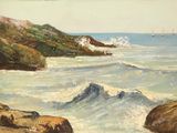 un tableau représentant une vue sur l'océan depuis un rivage rocheux