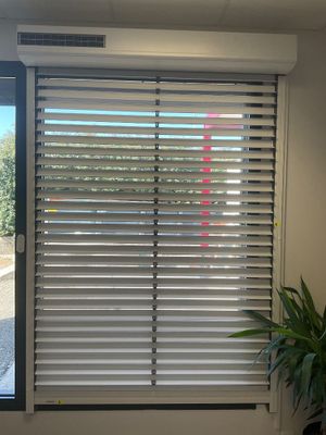 des stores dans un bureau, avec une plante en pot devant une fenêtre