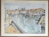a painting of a harbor scene with boats in the water