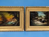 two framed paintings of a couple of people sitting on a bench
