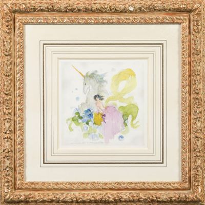 a painting of a woman riding a horse with a unicorn on it