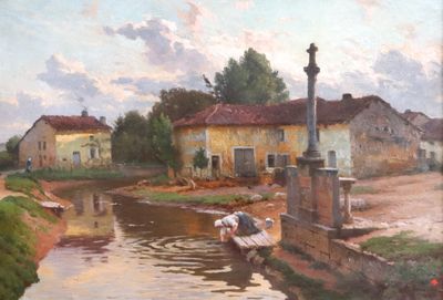 a painting of a boat on a river with buildings in the background