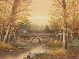 un tableau représentant un pont enjambant une rivière au milieu des bois