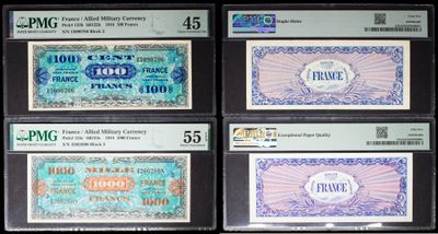 four different types of foreign currency on display in a display case