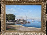an oil painting of boats on the water in front of a city