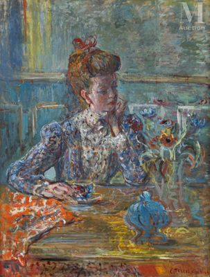 une peinture à l'huile représentant une femme assise à une table avec une théière