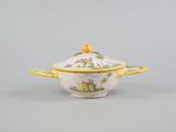 underside view of a soup bowl and cover showing the yellow rim