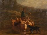 painting of a shepherd and his flock of sheep in a mountainous landscape