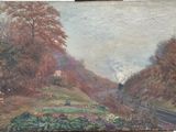 painting of a train coming down the tracks in a wooded area