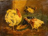 une peinture à l'huile représentant des poules et des coqs dans une grange